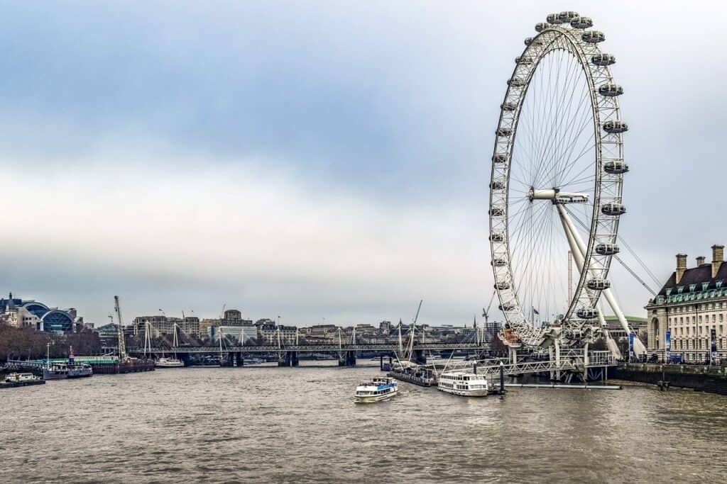 The London Eye ferris wheel pictured on a gray London day